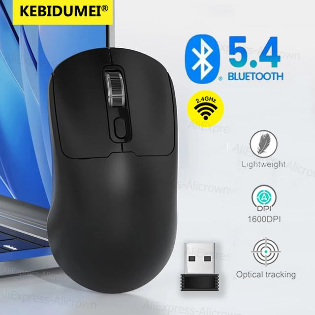 Kebidumei Ergonomische Gaming-Maus mit Bluetooth 5.4 und 2,4G Funk, Wiederaufladbare kabellose Maus mit 800-1600 DPI in Schwarz - Bild 1