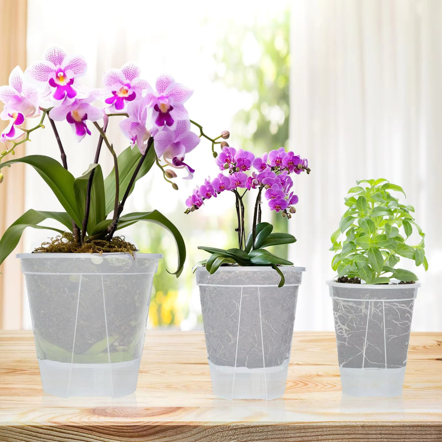 5er Set ROURKE selbstbewässernde Blumentöpfe aus Kunststoff, transparente Pflanzgefäße mit Reservoir für Innenpflanzen und Orchideen - Bild 3