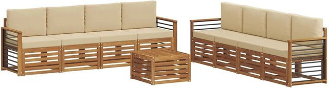 vidaXL Gartenmöbel Set 9-teilig aus Massivholz Akazie in Natur und Beige mit Tisch, Sesseln und Kissen im modernen Latten-Design - Bild 1
