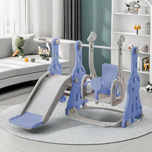 Rosahqnda 4-in-1 Kinderrutsche, mit Basketballständer, Kletterleiter, Schaukelrutsche, Gartenrutsche - Bild 1