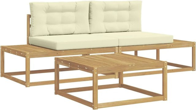 vidaXL Outdoor-Sofagarnitur aus Akazienholz mit Kissen und Couchtisch, Weiß und Braun, B/T/H: 79 x 79 x 37 cm - Bild 1