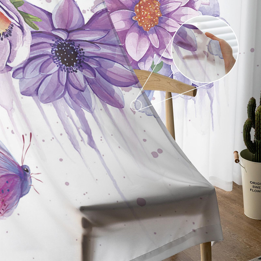 Transparente Tüll-Voile-Vorhänge von Household supplies MH mit lila Blumen und Schmetterlingen im Aquarell-Design, Breite: 135 cm, Höhe: 115 cm - Bild 3
