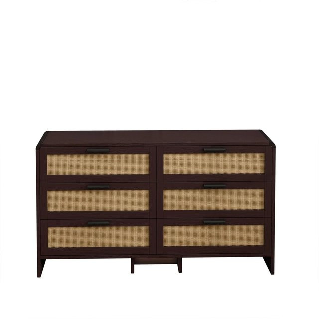 PXloue Eckkommode mit 6 Schubladen aus Rattan und Massivholz in Braun für Wohnzimmer, Schlafzimmer oder Küche, H x B x T: 85 x 40 x 130 cm - Bild 1
