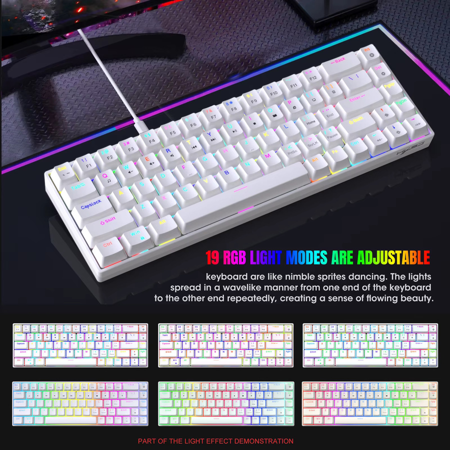 HXSJ Mechanische Gaming-Tastatur mit RGB-Hintergrundbeleuchtung, ultrakompaktes Mini-68-Tasten Design, rote Schalter, Weiß - Bild 2