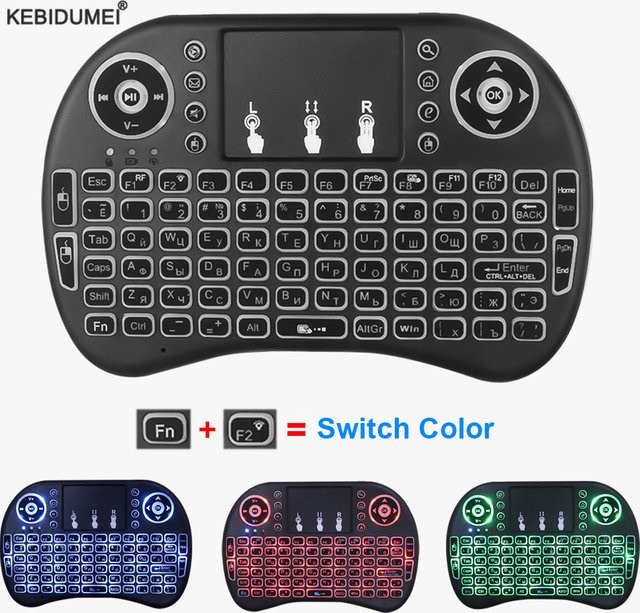 Kebidumei I8 Mini-Tastatur mit Touchpad und Air Mouse, kabellos 2,4 GHz, 3-farbige Hintergrundbeleuchtung, Englisch/Russisch, Schwarz - Bild 1
