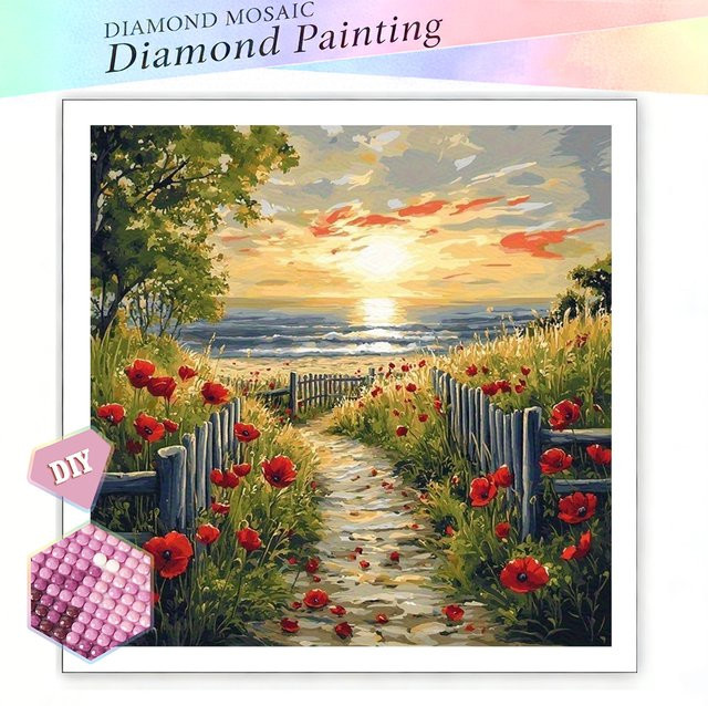EverShine DIY 5D Diamantmalerei Mohnblumen-Mosaik mit Sonnenuntergangs- und Meereslandschaft, Mehrfarbig, B/H: 20 x 20 cm - Bild 1