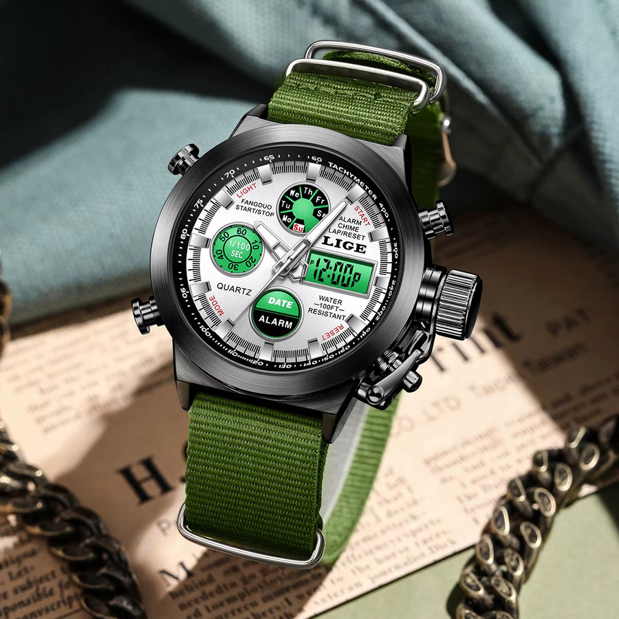 LIGE Chronograph Armbanduhr, Quarz, Schwarz, Textil/NATO, Herren - Bild 3