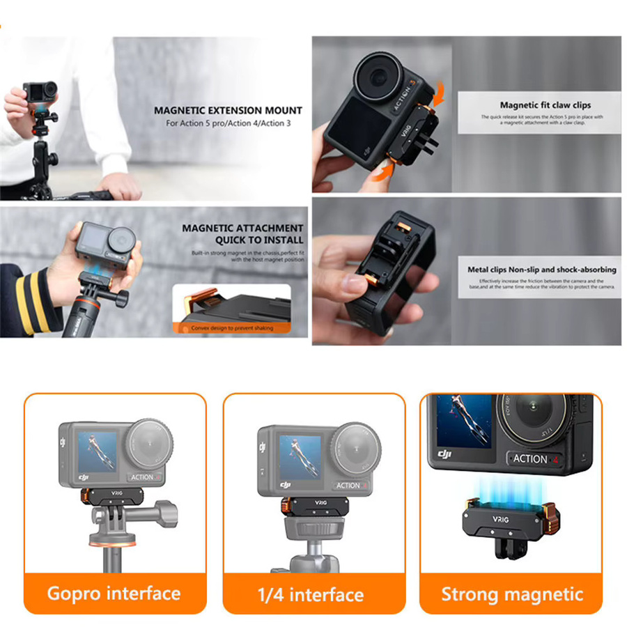 VRIG Magnetische Schnellwechselhalterung für DJI Action 5 Pro, 4 und 3 mit 1/4-Zoll-Schraube und Adapter in Schwarz - Bild 5