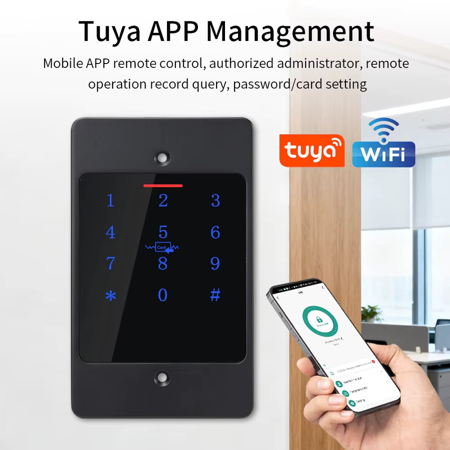 Asia-Teco WiFi Tuya Smart Türschloss mit Tastatur, RFID und biometrischer Zugangskontrolle, wasserdichtes Metall-Tastenfeld in Schwarz, verdeckt montiert - Bild 4
