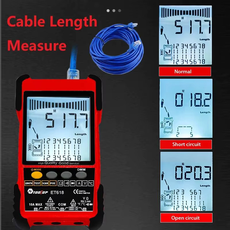 TOOLTOP Netzwerk Kabel Tester und Multimeter mit LAN Tracking und PoE Messung in Rot - Bild 2