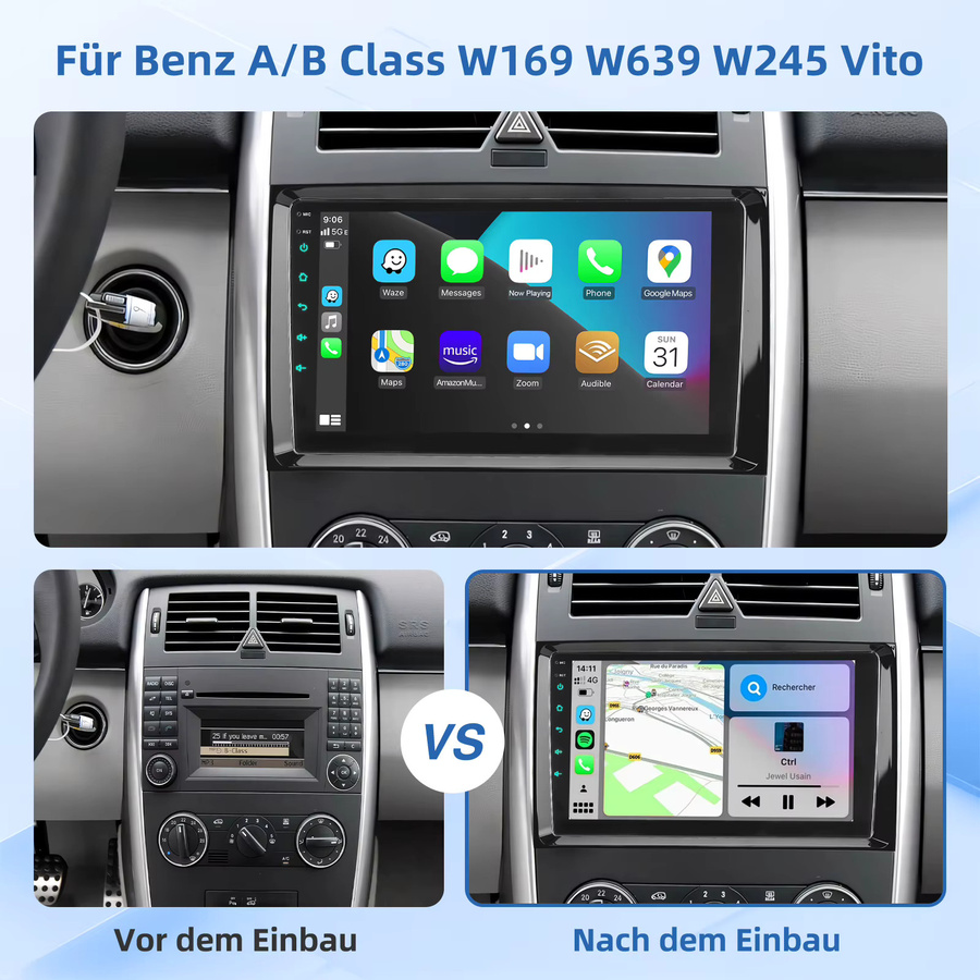 MOPECT Doppel-DIN Autoradio für Mercedes Benz mit 4+64G Speicher, kabelloses CarPlay, Android Auto, GPS, WLAN, DAB+ und Rückfahrkamera, Schwarz - Bild 3