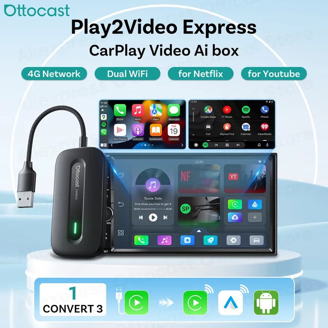 OTTOCAST Play2Video Express Wireless CarPlay und Android Auto Adapter mit TV AI Box in Schwarz - Bild 1