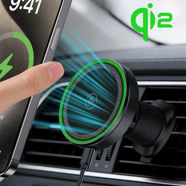 VIKEFON Qi2 15W Kabelloses Auto-Ladegerät in Schwarz mit LED-Licht, Magnetischer MagSafe Schnellladeständer für iPhone und iOS, Handyhalterung für den Lüftungsschlitz - Bild 1