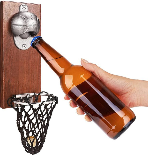Willstar Magnetischer Basketball Flaschenöffner aus Holz zur Wandmontage mit Kappenfänger, Rund - Bild 1
