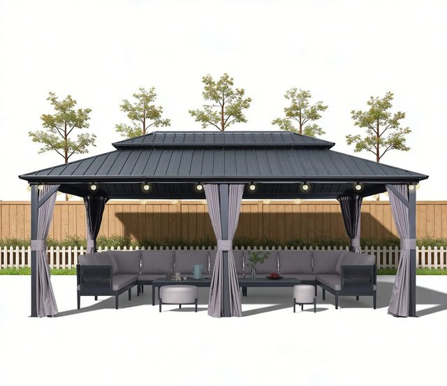 Purple Leaf Gartenpavillon Bronze mit LED-Beleuchtung, Vorhängen und Moskitonetzen, doppelschichtig verzinkt, B: 365 cm, T: 600 cm, H: 305 cm - Bild 1