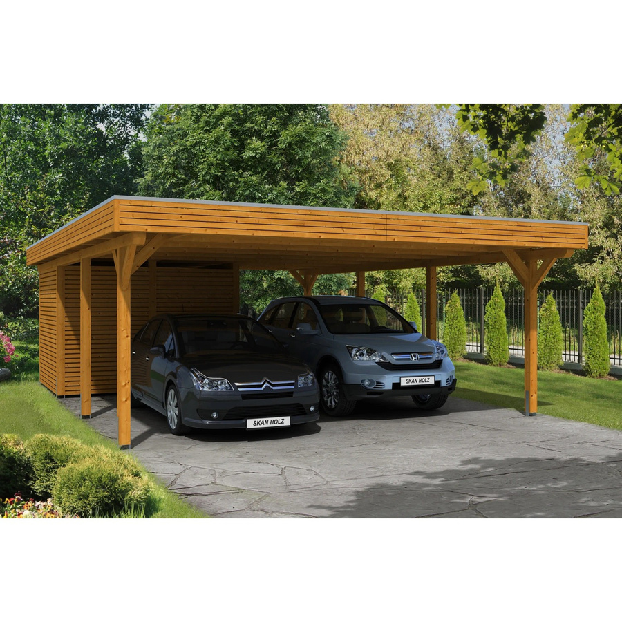 Skan Holz Carport Spessart aus Fichte Leimholz mit Abstellraum und Aluminium-Dachplatten in Beige, B/T: 611 x 846 cm, Höhe: 258 cm - Bild 2