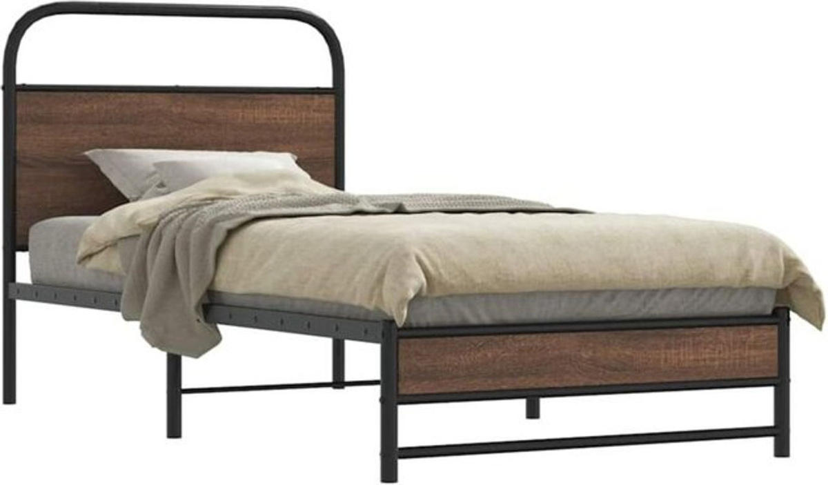 vidaxl Einzelbett Bettgestell in Braun mit Eichen-Optik aus Holz und Metall im Industrial-Stil, B/T/H: 90 x 200 cm - Bild 1