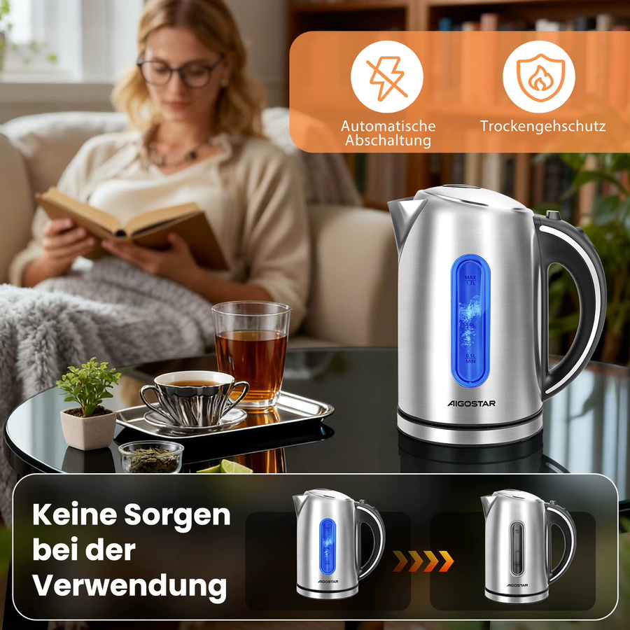 Aigostar Wasserkocher Edelstahl Silber, 1,7 l, 2200 Watt mit Kalkfilter und Abschaltautomatik - Bild 6