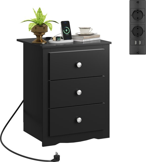 WLIVE Nachttisch mit 3 Schubladen und Ladestation in Schwarz mit USB-Anschlüssen und Steckdosen, B/T/H: 46,5 x 39,6 x 58,7 cm - Bild 1