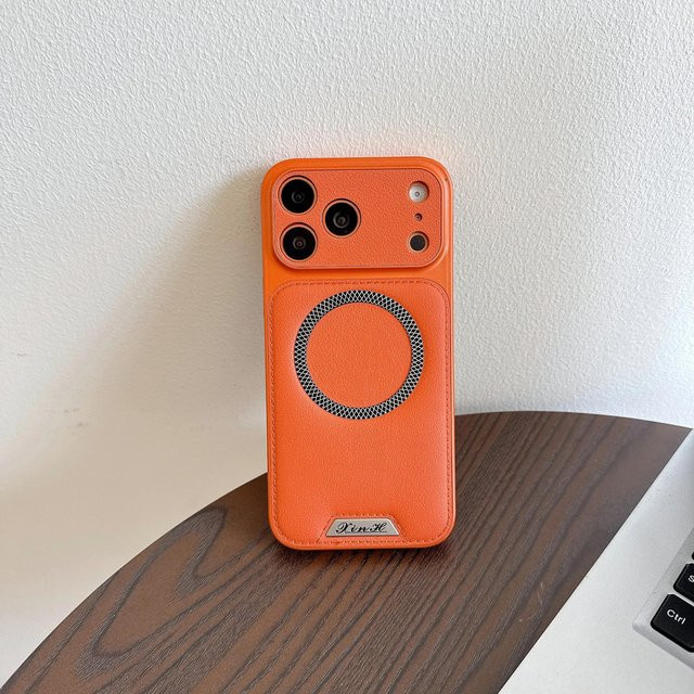 Magnetische Lederhülle mit Litschi-Muster für Apple iPhone 13 14 15 16 17 Pro Max Plus in Orange - Bild 1