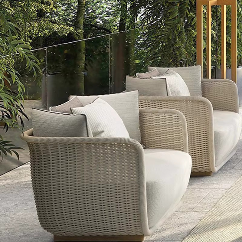 Modernes Outdoor Sofa Set von DUTRIEUX aus Polyrattan in Beige mit Polsterung und Kissen - Bild 3