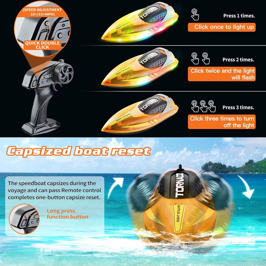 Fremego RC Schnellboot, Rennschiff, mit LED-Leuchten, Orange - Bild 3
