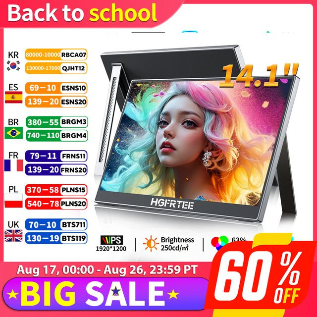 HGFRTEE Tragbarer 14,1 Zoll Monitor Full HD Zweitbildschirm für Laptop mit USB-C und Ständer, Schwarz - Bild 1