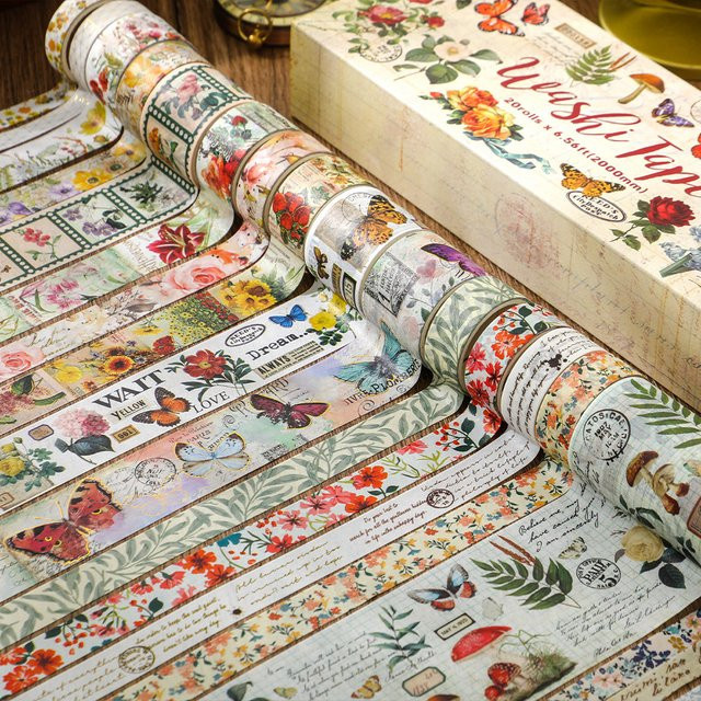 20er Set Washi Tape aus Papier mit Vintage-Motiven wie Pflanzen, Schmetterlingen und Blumen in Multicolour für DIY-Dekorationen und Planer - Bild 1