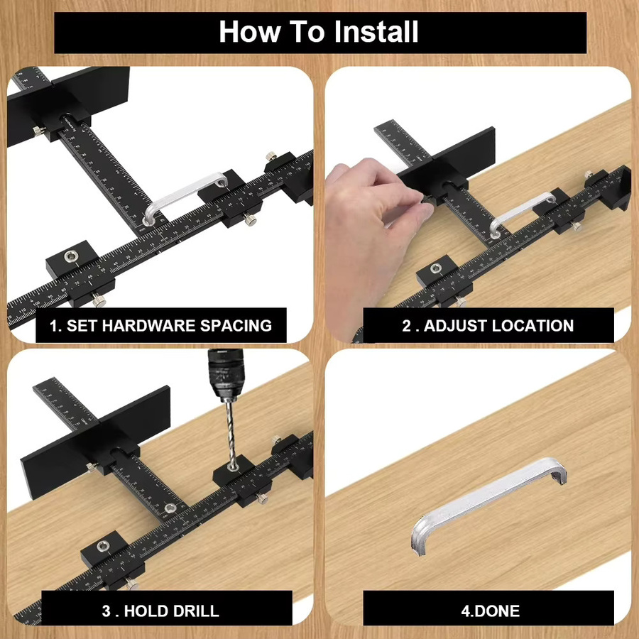 KPXIN Verstellbares Schrank-Hardware-Werkzeug aus Aluminiumlegierung in Schwarz zur Installation von Griffen und Knöpfen an Türen und Schubladen inklusive Bit - Bild 4