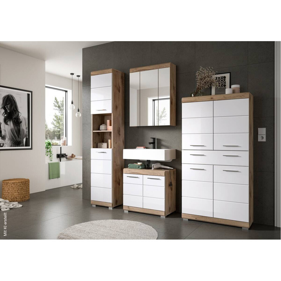 Badkombination Wave von xonox.home in Weiß Hochglanz und Nox Oak, 4-teiliges Badezimmer-Set mit Spiegelschrank, Waschtischunterschrank, Hochschrank und Seitenschrank, B/H/T: 204 x 191 x 34 cm - Bild 3