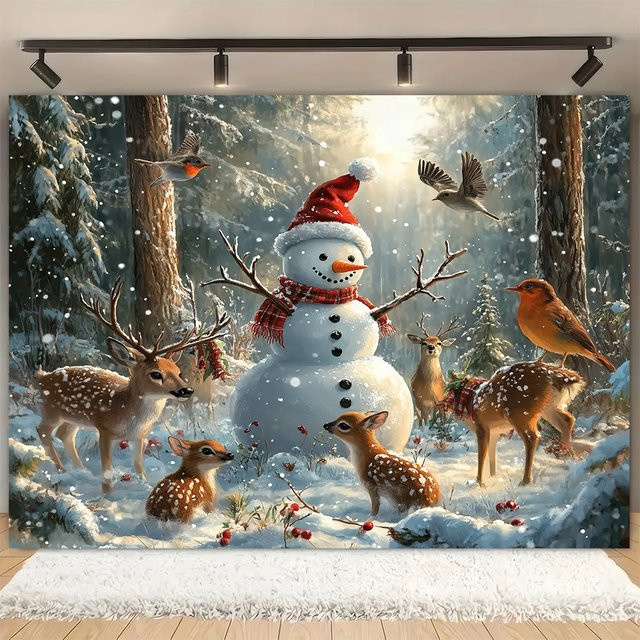 VIKAMA Wandteppich Winter Wald Schneemann für Wohnzimmer und Kinderzimmer mit Weihnachten Thema - Bild 1