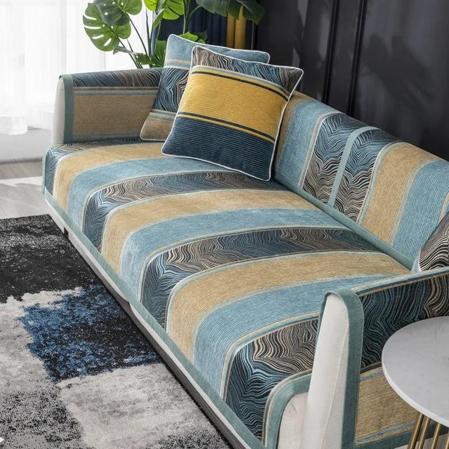 Super Six Chenille-Sofakissen mit Streifen in Blau, quadratischer Kissenbezug, B/T/H: 70 x 70 x 70 cm - Bild 1