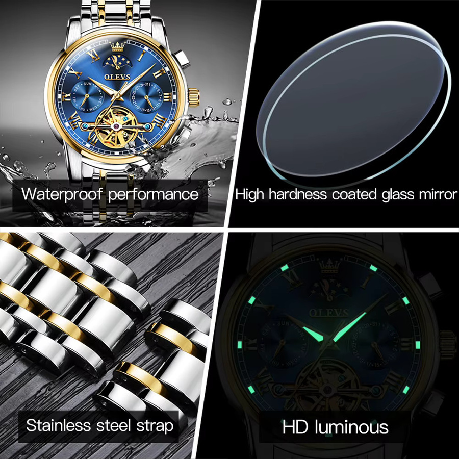 OLEVS Herrenarmbanduhr, Automatik, Mondphase, Edelstahl, Blau, Herren - Bild 4