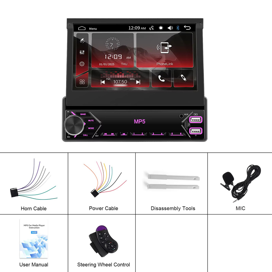 Podofo 1Din Autoradio mit 7 Zoll ausfahrbarem Bildschirm, Mirror Link MP5 Multimedia-Player, Bluetooth, Typ-C, EQ-Sound und mehrfarbiger Beleuchtung in Schwarz - Bild 5