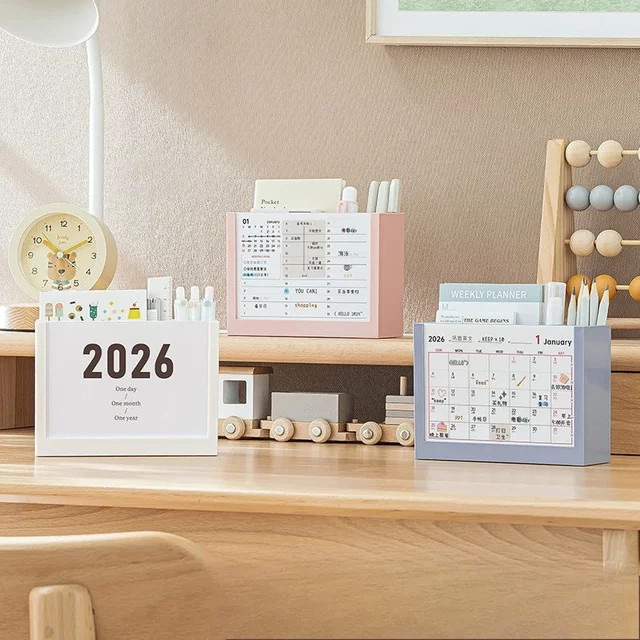 Multifunktionaler Schreibtisch-Kalenderständer und Desktop-Organizer mit Aufbewahrungsbox und Stifthalter in Pink und Weiß - Bild 1