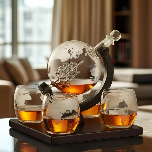 Royal Reserve Globus Whiskey Dekanter aus Glas mit geätzter Weltkarte, transparent - Bild 1