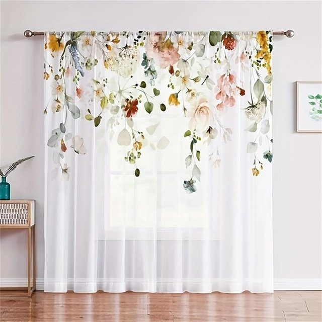 Yiran Furniture Voile-Jalousien aus Tüll mit goldenen Federn und Blättern, 2er-Set, Transparent/Gold/Weiß, B: 70 cm, H: 165 cm - Bild 1