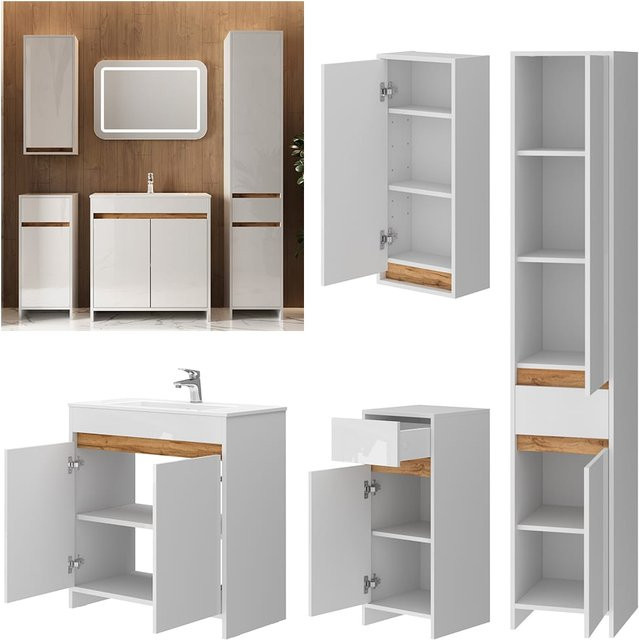 Vicco Badmöbel-Set Lemgo in Weiß Hochglanz und Eiche, 5-teiliges Badezimmer-Set mit 80 cm Breite - Bild 1