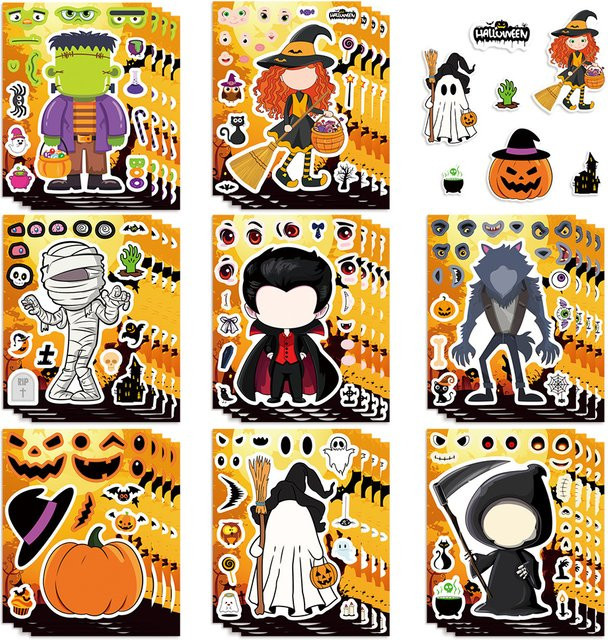 8er-Pack Halloween-Gesichter-Aufkleber in Multicolour als Cartoon-Graffiti-Sticker für Schreibwaren, Notizbücher und Party-Deko - Bild 1