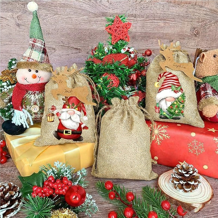 12er Set kleine Sackleinenbeutel aus Jute in Beige mit Kordelzug für Weihnachten und Advent - Bild 2