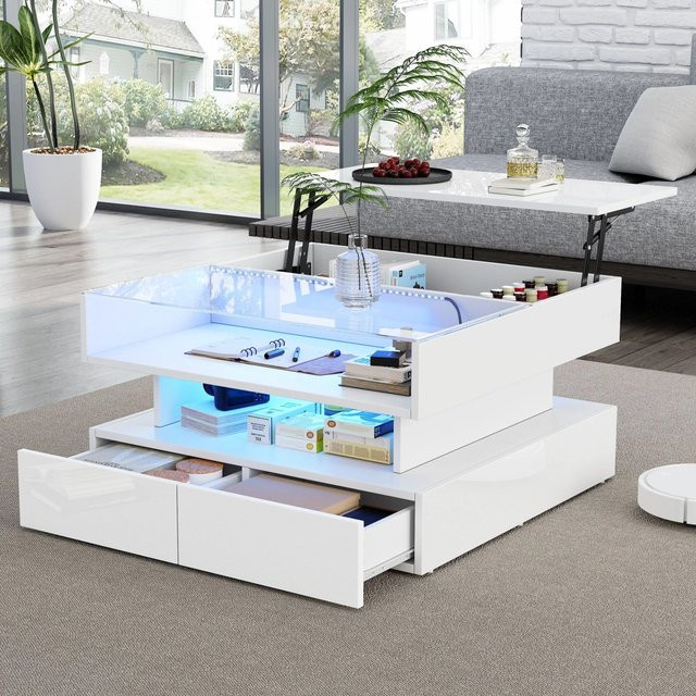 Merax Couchtisch in Weiß mit Hochglanz-Finish, höhenverstellbar und mit Glasplatte sowie modernem Design - Bild 1