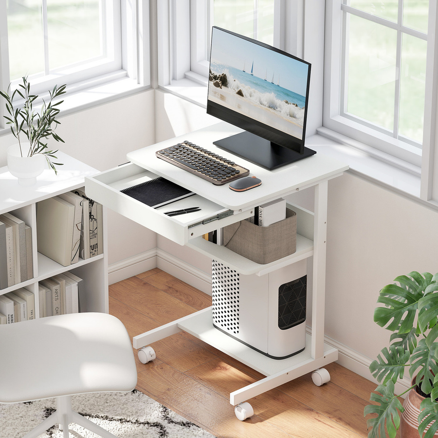 HOMCOM Schreibtisch mit Rollen und CPU-Ständer in Weiß für Home Office und Schlafzimmer - Bild 2