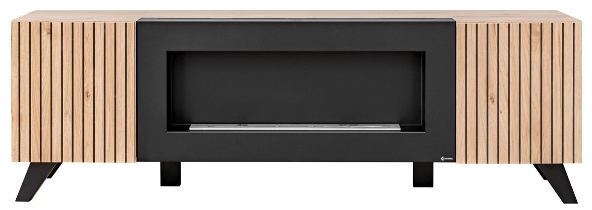 TV-Lowboard Lines von Furn.Design in Eiche und Schwarz mit integriertem Kamin und Beleuchtung, B: 160 cm, T: 45 cm, H: 52 cm - Bild 2