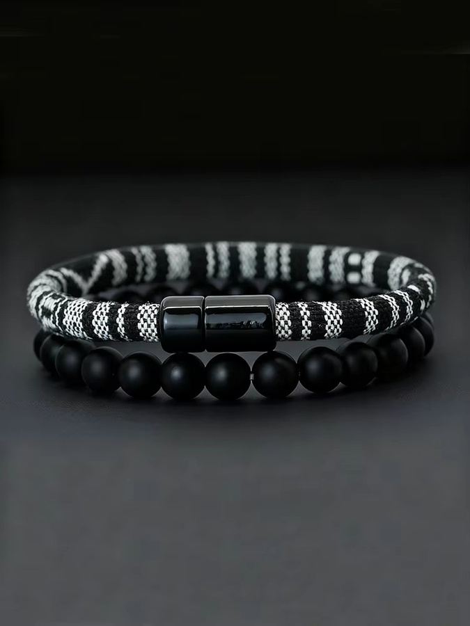 Armband 2 Teile/satz, Stoffschnur, Onyx-Stein, Perlen, Schwarz, Herren - Bild 4