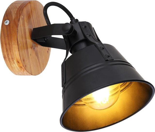Globo Wandspot Günther im Vintage-Design aus Metall und Holz in Schwarz und Braun mit E27 Fassung - Bild 1