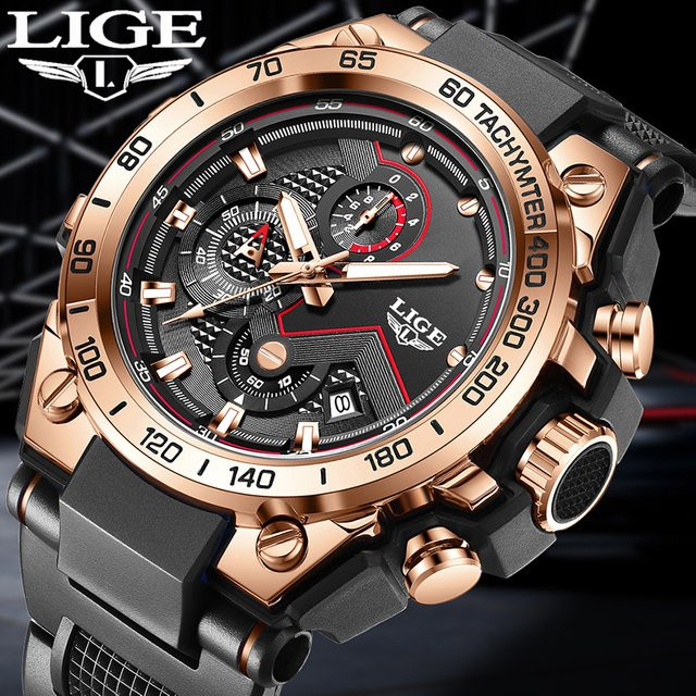 LIGE Chronograph Quarzuhr, Silikon, Blau, Herren - Bild 1