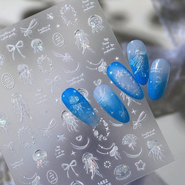 Rhstoe Nagelaufkleber 5D Sommer Ozean, Weiße Laser-Quallen, Muscheln, Sterne - Bild 1