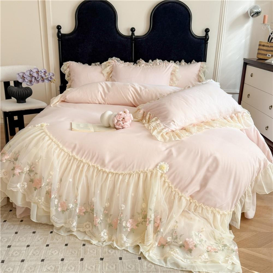 4-teiliges Prinzessin Hochzeitsbettwäsche-Set von Bin Chi Textiles in Grün mit Blumen-Stickerei und Spitze, Material: Baumwolle und Polyester, B/T/H: 150 x 200 cm - Bild 1