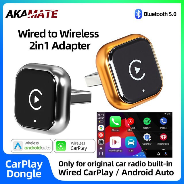 AKAMATE 2-in-1 Adapter für kabelloses CarPlay und Android Auto mit Bluetooth und USB-C in Orange und Gold - Bild 1
