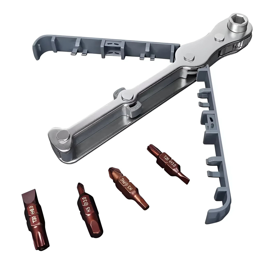 Rechtwinkliger Offset-Ratschenschlüssel mit bidirektionaler Rotation und Bit-Set für Kreuz, Torx und Sechskant in Silber - Bild 5